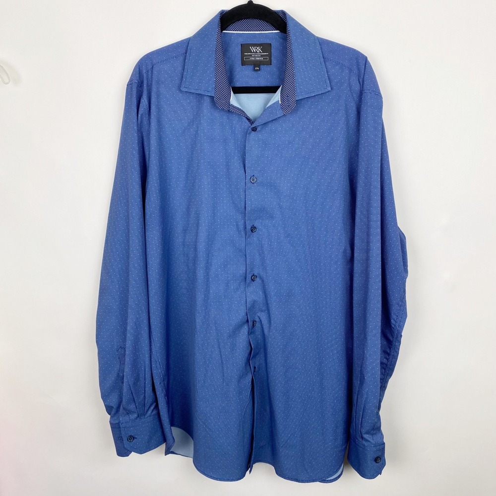 WRK 4-Way Stretch‎ Micro Print Performance Button Down Shirt Mens 17.5 Blue